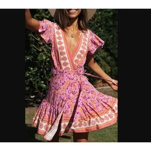 Wrap V Neck Bohemian Floral Print Ruffle Swing A Line Beach Mini‎ Dress